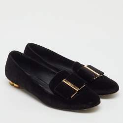 Pre Owned Salvatore Ferragamo Black Velvet Bow Sarno Flower Heel Loafers Size 36
