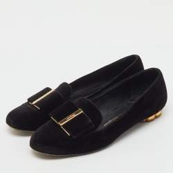 Pre Owned Salvatore Ferragamo Black Velvet Bow Sarno Flower Heel Loafers Size 36