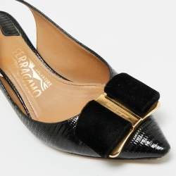 Pre Owned Salvatore Ferragamo Black Lizard Embossed Leather Vara Bow Slingback Pumps Size 37