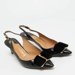 Pre Owned Salvatore Ferragamo Black Lizard Embossed Leather Vara Bow Slingback Pumps Size 37