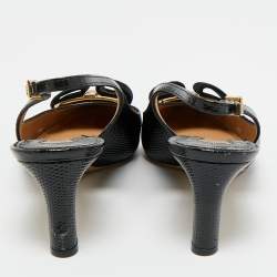 Pre Owned Salvatore Ferragamo Black Lizard Embossed Leather Vara Bow Slingback Pumps Size 37