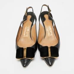 Pre Owned Salvatore Ferragamo Black Lizard Embossed Leather Vara Bow Slingback Pumps Size 37