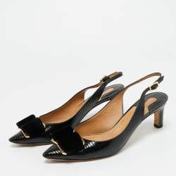 Pre Owned Salvatore Ferragamo Black Lizard Embossed Leather Vara Bow Slingback Pumps Size 37