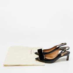 Pre Owned Salvatore Ferragamo Black Lizard Embossed Leather Vara Bow Slingback Pumps Size 37