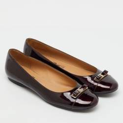 Pre Owned Salvatore Ferragamo Brown Leather Patent  Vara Bow Ballet Flats Size 37.5