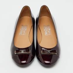 Pre Owned Salvatore Ferragamo Brown Leather Patent  Vara Bow Ballet Flats Size 37.5