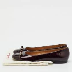 Pre Owned Salvatore Ferragamo Brown Leather Patent  Vara Bow Ballet Flats Size 37.5