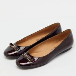 Pre Owned Salvatore Ferragamo Brown Leather Patent  Vara Bow Ballet Flats Size 37.5