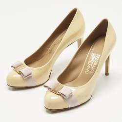 Pre Owned Salvatore Ferragamo Yellow Patent Leather Vara Bow Platform Pumps Size 38.5