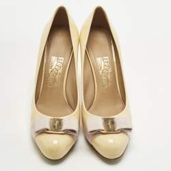 Pre Owned Salvatore Ferragamo Yellow Patent Leather Vara Bow Platform Pumps Size 38.5