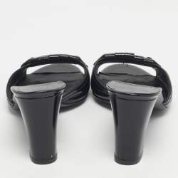 Pre Owned Salvatore Ferragamo Black Patent Leather Fringe Bow Slide Sandals Size 41