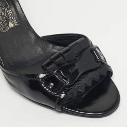 Pre Owned Salvatore Ferragamo Black Patent Leather Fringe Bow Slide Sandals Size 41