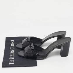 Pre Owned Salvatore Ferragamo Black Patent Leather Fringe Bow Slide Sandals Size 41