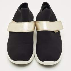 Pre Owned Salvatore Ferragamo Black/Gold Stretch Fabric and Leather Slip On Sneakers Size 41