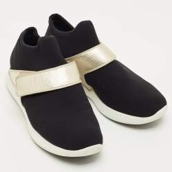 Pre Owned Salvatore Ferragamo Black/Gold Stretch Fabric and Leather Slip On Sneakers Size 41