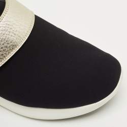 Pre Owned Salvatore Ferragamo Black/Gold Stretch Fabric and Leather Slip On Sneakers Size 41