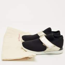 Pre Owned Salvatore Ferragamo Black/Gold Stretch Fabric and Leather Slip On Sneakers Size 41