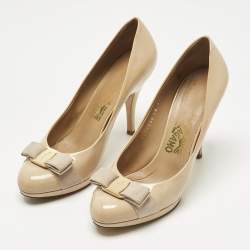 Pre Owned Salvatore Ferragamo Yellow Patent Leather Vara Bow Platform Pumps Size 38.5