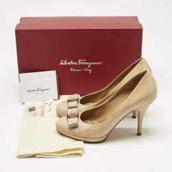 Pre Owned Salvatore Ferragamo Yellow Patent Leather Vara Bow Platform Pumps Size 38.5