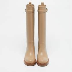 Pre Owned Salvatore Ferragamo Beige Leather Ornament Square Gancini  Knee Length Boots Size 37.5
