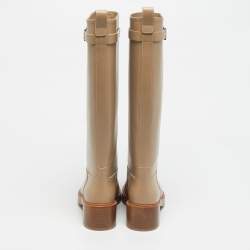 Pre Owned Salvatore Ferragamo Beige Leather Ornament Square Gancini  Knee Length Boots Size 37.5
