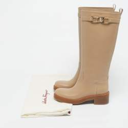 Pre Owned Salvatore Ferragamo Beige Leather Ornament Square Gancini  Knee Length Boots Size 37.5
