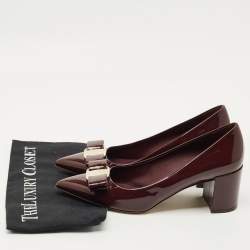 Pre Owned Salvatore Ferragamo Burgundy Patent Leather Vara Bow Block Heel Pumps Size 39.5         