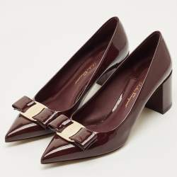 Pre Owned Salvatore Ferragamo Burgundy Patent Leather Vara Bow Block Heel Pumps Size 39.5         