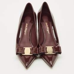 Pre Owned Salvatore Ferragamo Burgundy Patent Leather Vara Bow Block Heel Pumps Size 39.5         