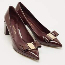 Pre Owned Salvatore Ferragamo Burgundy Patent Leather Vara Bow Block Heel Pumps Size 39.5         
