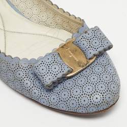 Pre Owned Salvatore Ferragamo Light Blue Laser Cut Leather Varina Ballet Flats Size 37.5