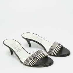 Pre Owned Salvatore Ferragamo Black/White Canvas Slide Sandals Size 37