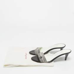 Pre Owned Salvatore Ferragamo Black/White Canvas Slide Sandals Size 37