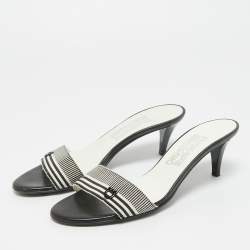 Pre Owned Salvatore Ferragamo Black/White Canvas Slide Sandals Size 37