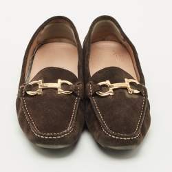 Pre Owned Salvatore Ferragamo Brown Suede Gancini Loafers Size 37.5