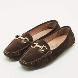 Pre Owned Salvatore Ferragamo Brown Suede Gancini Loafers Size 37.5