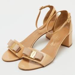 Pre Owned Salvatore Ferragamo Beige Patent Leather Gavina Ankle Strap Sandals Size 40