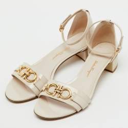 Pre Owned Salvatore Ferragamo Cream Patent Leather Como Ankle Strap Sandals Size 39