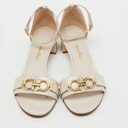 Pre Owned Salvatore Ferragamo Cream Patent Leather Como Ankle Strap Sandals Size 39