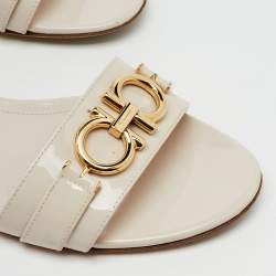 Pre Owned Salvatore Ferragamo Cream Patent Leather Como Ankle Strap Sandals Size 39