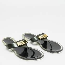 Pre Owned Salvatore Ferragamo Black Jelly Vara Bow Thong Flat Sandals Size 38.5