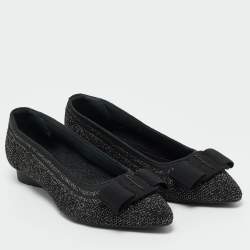 Pre Owned Salvatore Ferragamo Black/Gold Knit Fabric Varina Ballet Flats Size 38.5