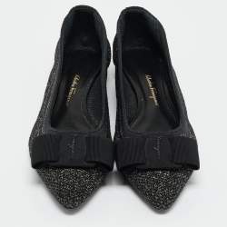 Pre Owned Salvatore Ferragamo Black/Gold Knit Fabric Varina Ballet Flats Size 38.5