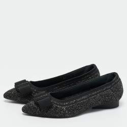Pre Owned Salvatore Ferragamo Black/Gold Knit Fabric Varina Ballet Flats Size 38.5