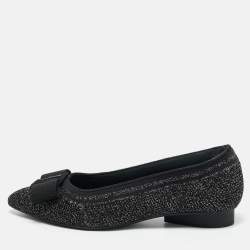 Pre Owned Salvatore Ferragamo Black/Gold Knit Fabric Varina Ballet Flats Size 38.5