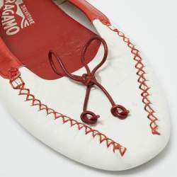 Pre Owned Salvatore Ferragamo White/Red Leather  Bow Smoking Slippers Size 39.5