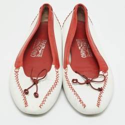 Pre Owned Salvatore Ferragamo White/Red Leather  Bow Smoking Slippers Size 39.5