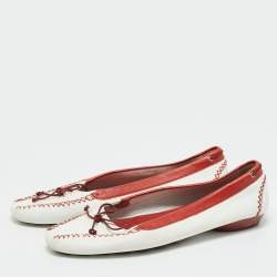 Pre Owned Salvatore Ferragamo White/Red Leather  Bow Smoking Slippers Size 39.5