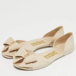 Pre Owned Salvatore Ferragamo Beige Rubber Bow Ballet Flats Size 37.5