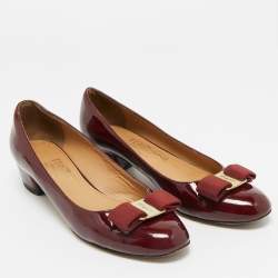 Pre Owned Salvatore Ferragamo Burgundy Patent Leather Vara Bow Block Heel Pumps Size 36